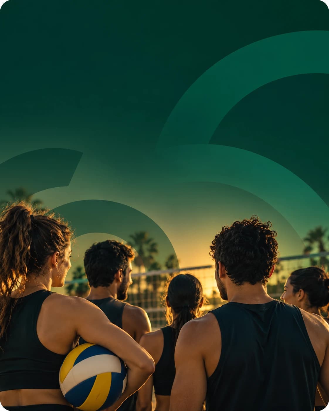 Equipe de vôlei de costas, com a bola, chegando à quadra ao entardecer
