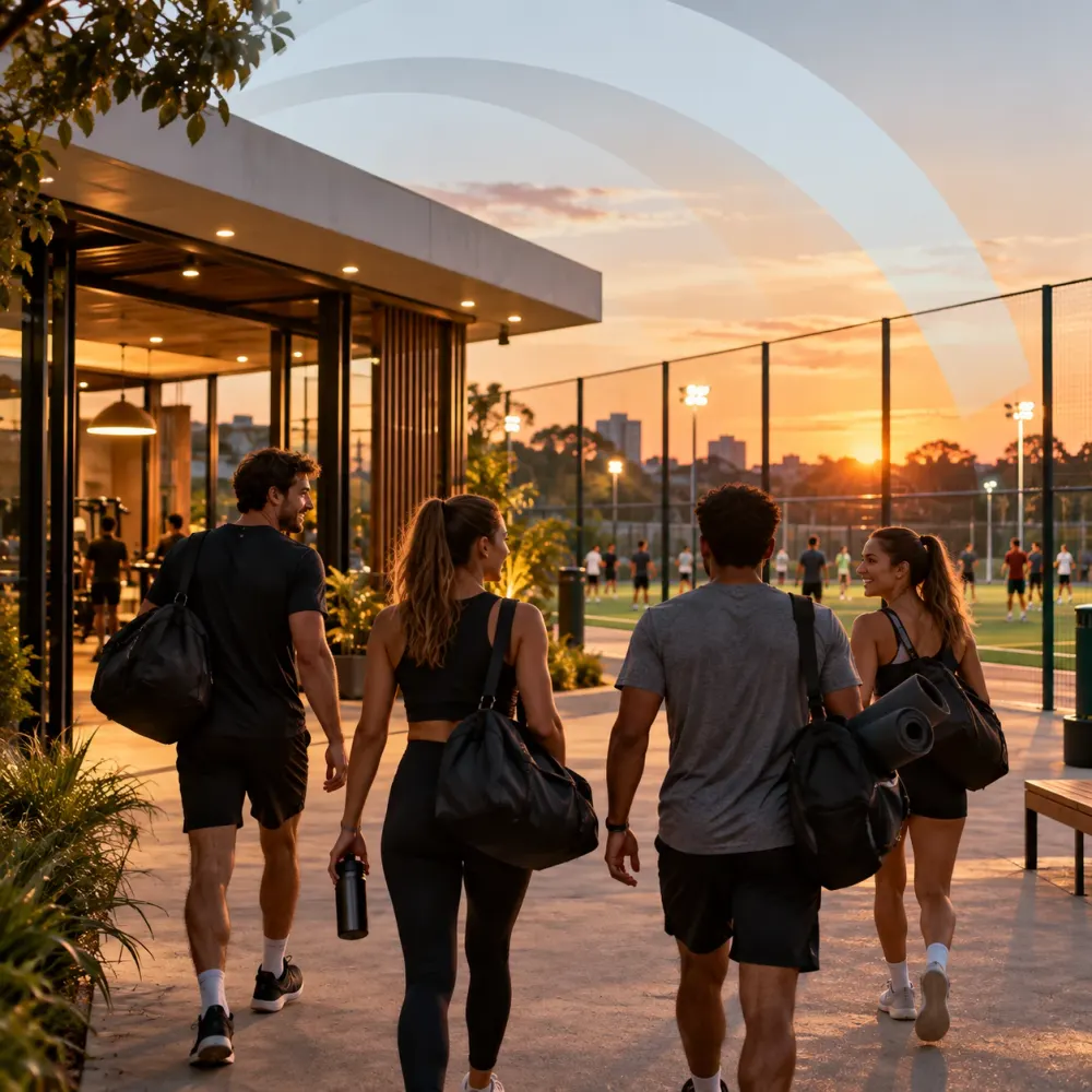 Equipe chegando a um clube esportivo ao entardecer, com quadras iluminadas ao fundo e os arcos da marca no céu
